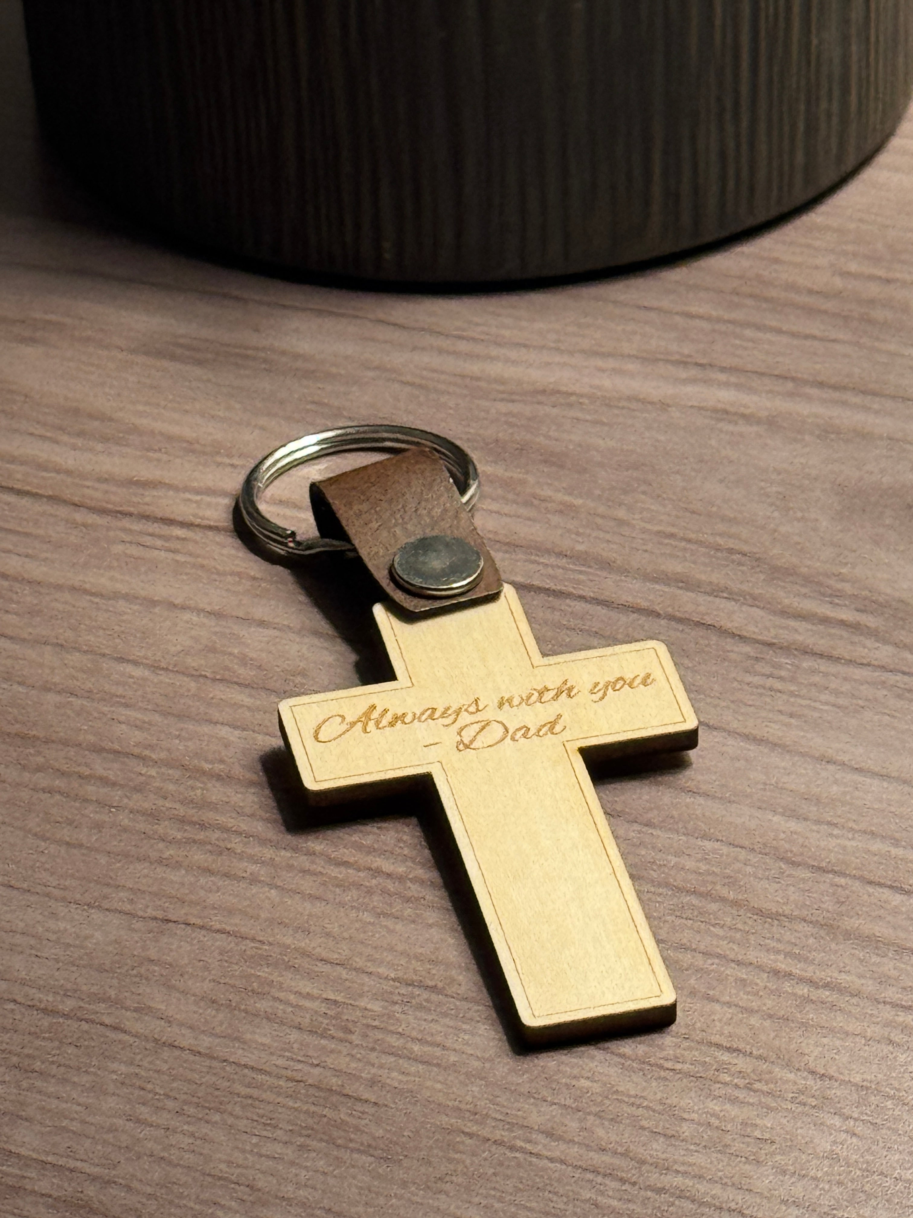 Custom Engraved Wooden Cross Keychain | Leather Strap